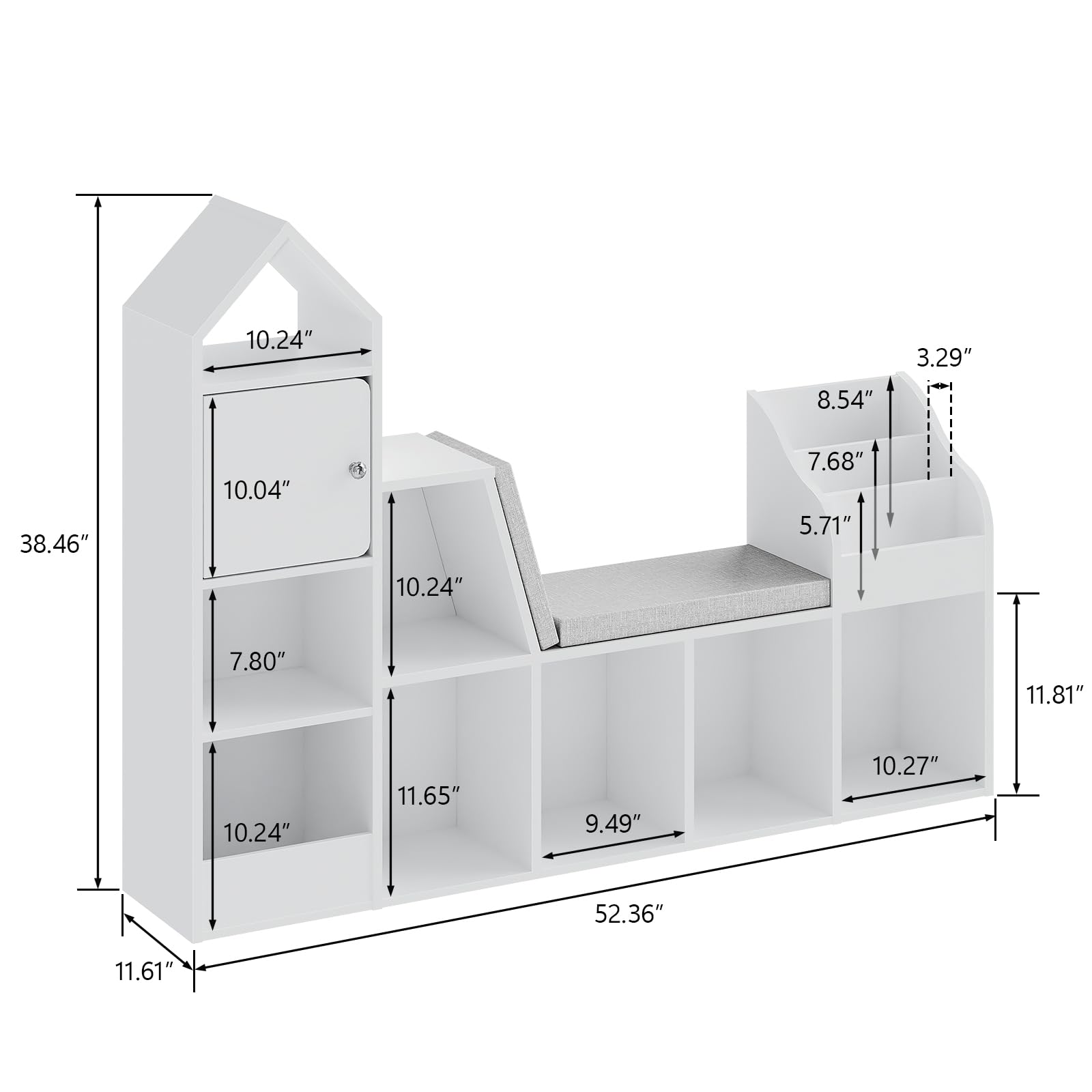 Vabches Kids Reading Nook with Bench - Bookshelf & Bookcase with Seat Cushion, 7 Opening Storage Cubbies, 3-Tier File Organizers, Toy Storage Box & Chest for School, Study, Playroom & Bedroom.