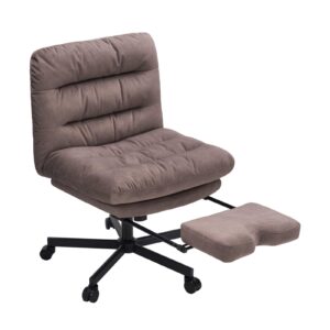 kumepojo armless office chair with wheels 400 lbs, cross-legged wide comfy office chair, with rocking feature, retractable leg rests, locking caster wheels, mocha-colored velvet waterproof fabric