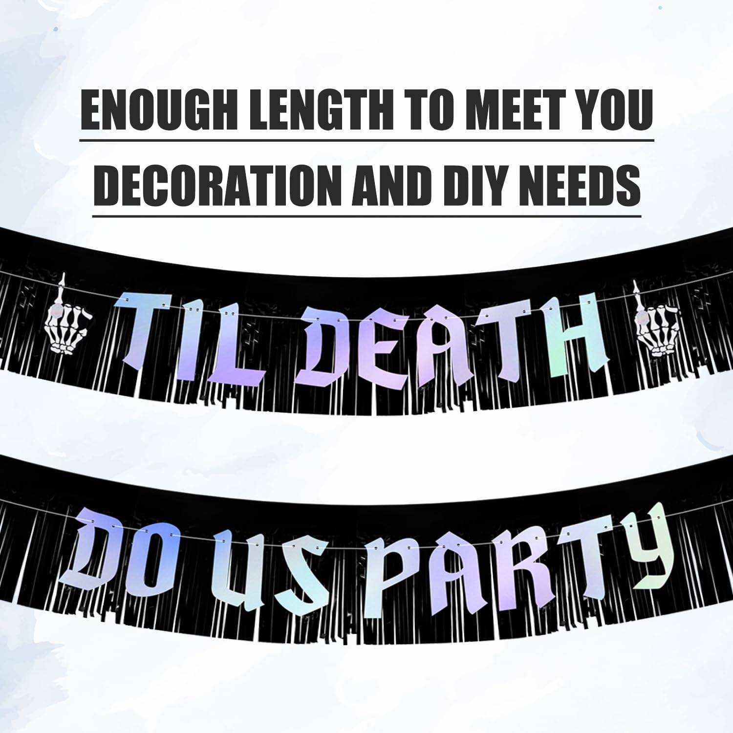 Til Death Do Us Party Banner with Fringe Garland, Halloween Banner Pre-Strung Bachelorette Party Garland Anniversary Party Decoration Sign for Bride Groom Wedding Backdrop (Black & Iridescent)