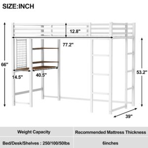 Twin Size Loft Bed with Desk and Shelves, Metal Loft Bed Frame with Metal Grid & Safety Guardrails & 2 Ladders, Space Saving Loft Beds for Kids, Teens, Adults, No Noise, No Box Spring Needed, White