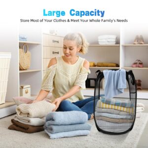 Foldable Laundry Mesh Basket Pop Up Hamper Collapsible Pop Up Laundry Basket Cylinder Mesh Laundry Hamper w/Wide Opening and Side Pocket, 22.05lbs Capacity