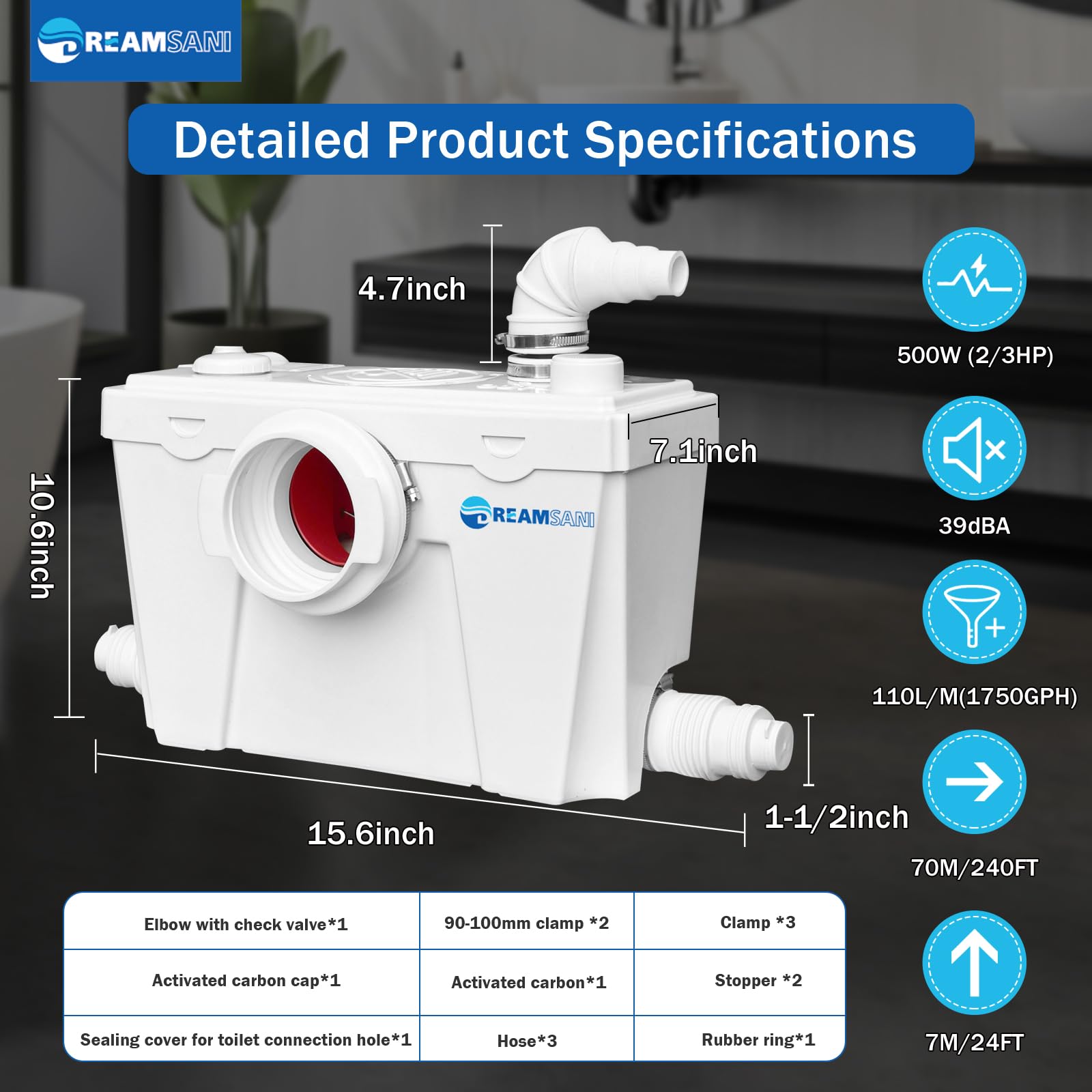 Macerating Toilet with 500Watt Macerator Pump, Upflush Toilet For Basement with Bidet Attachment,Extension Pipe,Toilet Tank and Macerator Pump with 4 Water Inltes for Bathroom, Kitchen Sink,