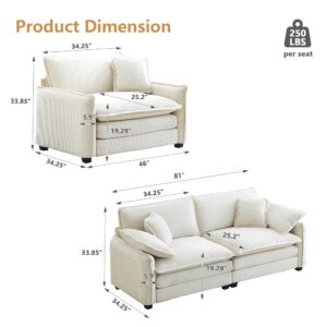 Aoowow 3 Pieces Modular Sectional Sofa Set with Loveseat Couch and 2 Sofa Chair,Modern Corduroy Comfy Cloud Deep Seat Couches Set with Throw Pillows and Arm Pillows for Living Room Apartment(Beige)