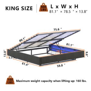 King Floating Lift Up Bed Frame with LED Light, Modern Metal Platform Bed Frame with Hydraulic Storage, Innovative Stable Structure&Wood Slats Support,No Box Spring Needed,Easy Assemble (King Size)