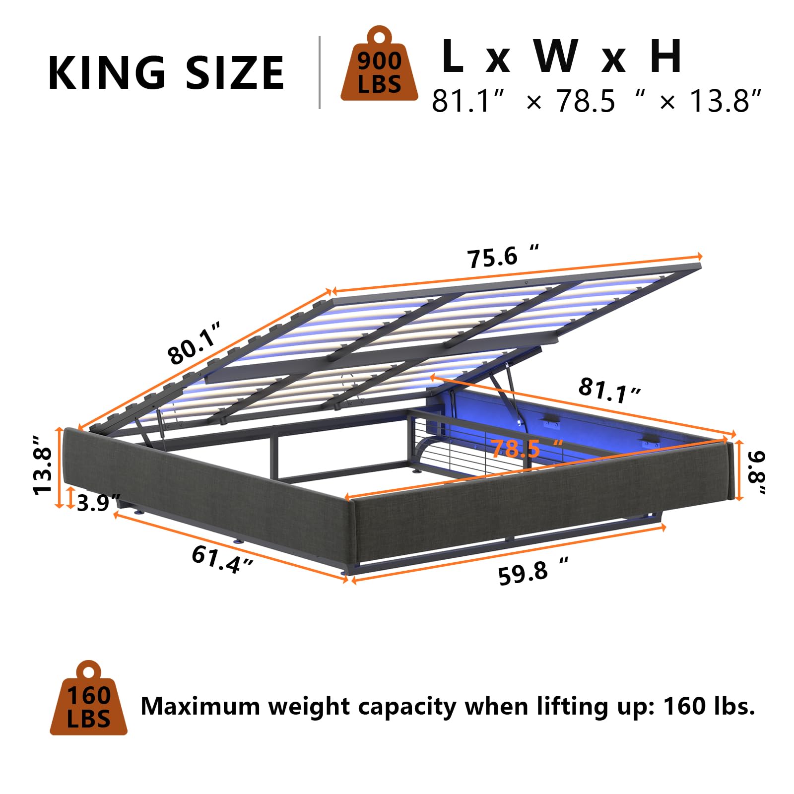 King Floating Lift Up Bed Frame with LED Light, Modern Metal Platform Bed Frame with Hydraulic Storage, Innovative Stable Structure&Wood Slats Support,No Box Spring Needed,Easy Assemble (King Size)