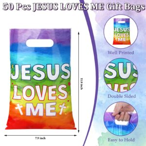 Hosuly 50 Pieces JESUS LOVES ME Gift Bags Plastic Goody Bags with Handles Religious Treat Bags Christian Cross Candy Gift Bag for VBS Church Party Supplies Party Favor Decoration