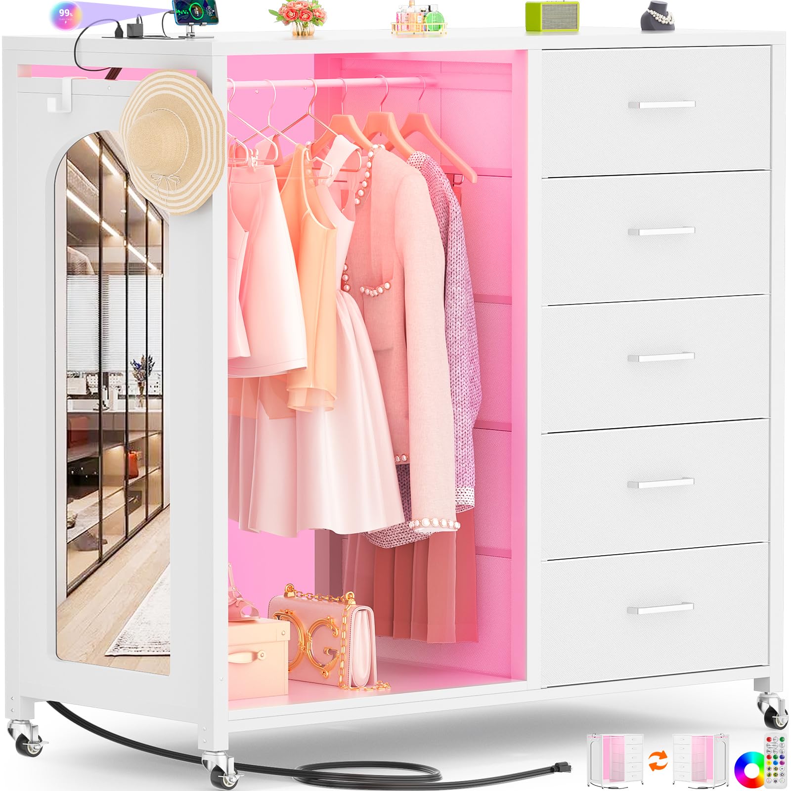 Cyclysio Dresser for Bedroom with Clothes Rack & Mirror, White 5 Drawers Dresser with Charging Station & LED Lights, Rolling Chest of Drawers with Wheels, Full Length Mirror, Wooden Top,Bedroom,Closet