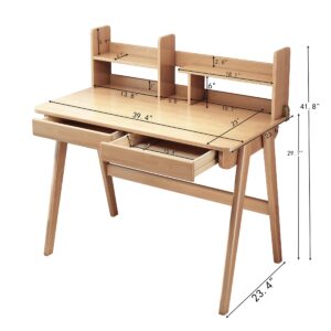 BALANBO Kids Desk Kids Table Rubber Wood Children’s Study Desk with Bookshelf and Two Drawers Desk for 3 Years Old and Above Student's Study Computer Workstation & Writing Table for Home Use(Nature