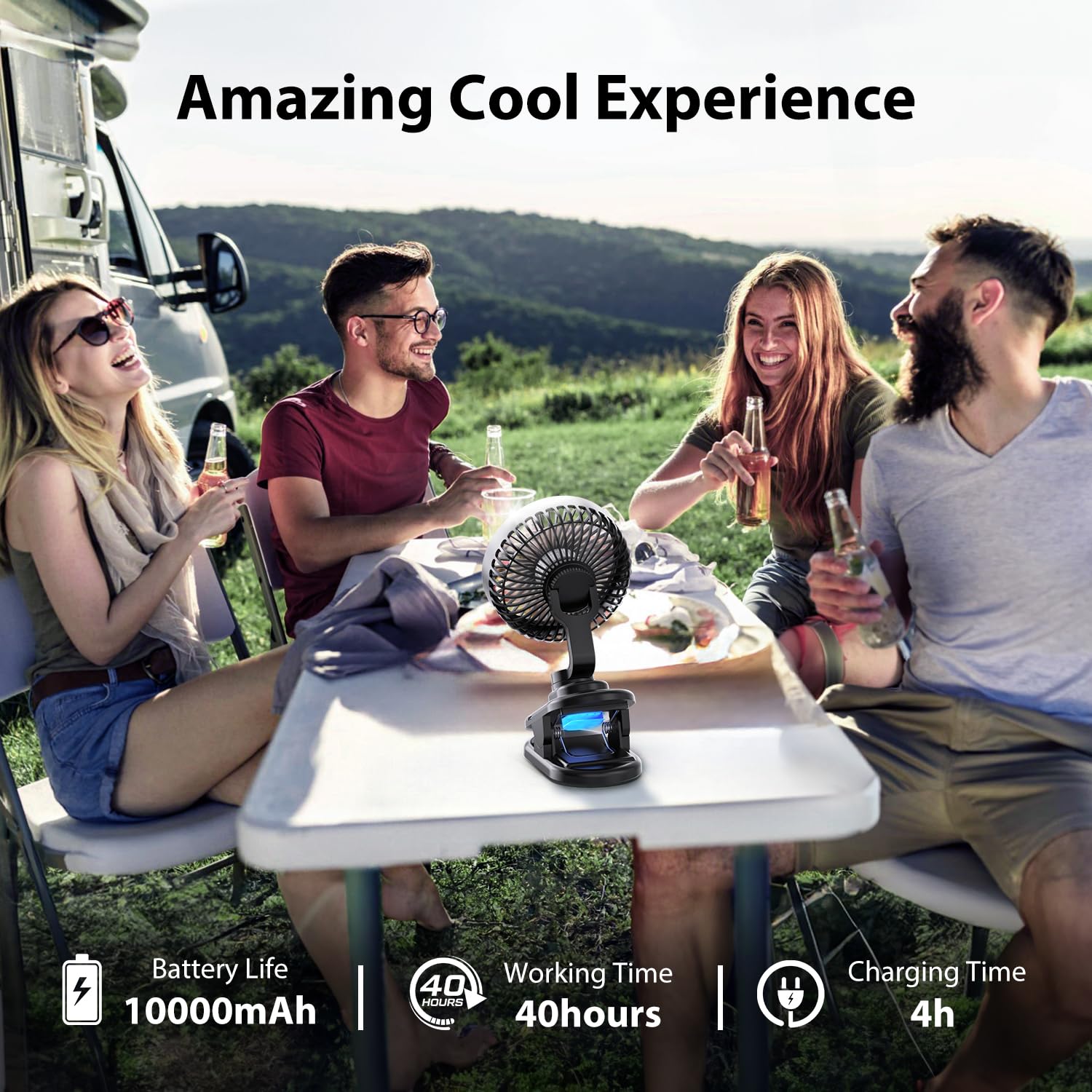 Portable Clip on Fan, 10000mAh Powerful 180° Oscillating Stroller Accessories, 4 Speeds ,Small Desk Fan, Personal Cooling Fan, Rechargeable Table Fan with Battery Operated, for Home Office Outdoor