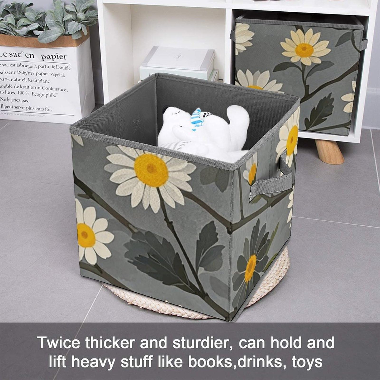 Storage Bin Tree Branch Yellow And White Floral Pattern Storage Cube Storage Basket with Handle Collapsible Closet Organizer Bin Foldable Storage Box Shelf Baskets for Bedroom Clothing 10.6 Inch