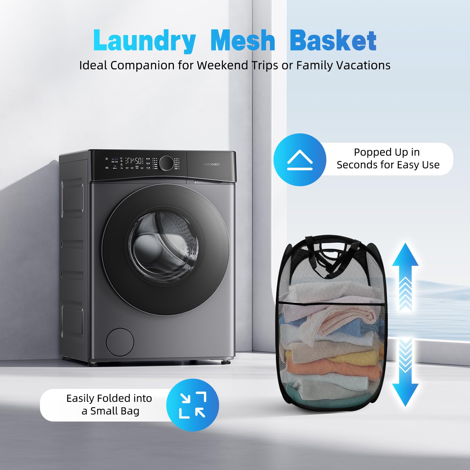 Foldable Laundry Mesh Basket Pop Up Hamper Collapsible Pop Up Laundry Basket Cylinder Mesh Laundry Hamper w/Wide Opening and Side Pocket, 22.05lbs Capacity