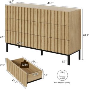 UEV Natural Wood Dresser for Bedroom,Mid Century Modern Dresser,Fluted 6 Drawer Dresser with Metal Stand,Accent Chest of Drawers for Bedroom,Living Room,Hallway