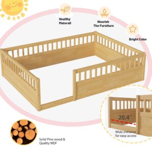 Natural Floor Bed, Full Size Montessori Bed with High Fence Railings, Wood Playhouse Bed with Rails for Baby Kids Boys Girls Teens, No Slats Included