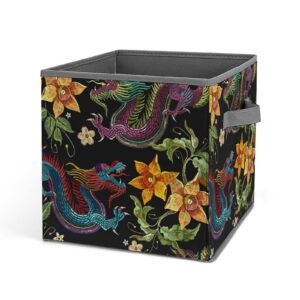 gemgam collapsible storage bins for shelves clothes closet embroidered dragons flowers fabric storage containers box with double handles decorative 11 inch chinese style