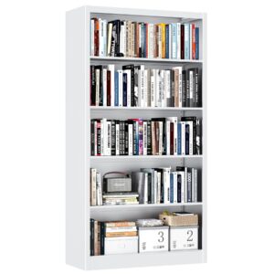 yilfana bookshelf,white metal bookshelves,33" wide open bookcase with adjustable storage shelves,66" tall book shelf for bedroom living room home office,5 tier bookcases