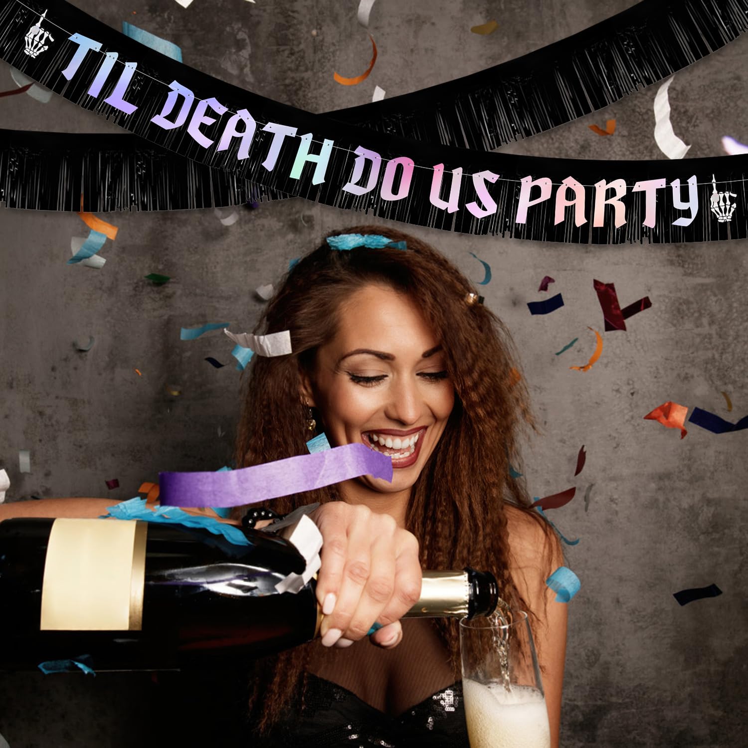 Til Death Do Us Party Banner with Fringe Garland, Halloween Banner Pre-Strung Bachelorette Party Garland Anniversary Party Decoration Sign for Bride Groom Wedding Backdrop (Black & Iridescent)