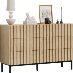 UEV Natural Wood Dresser for Bedroom,Mid Century Modern Dresser,Fluted 6 Drawer Dresser with Metal Stand,Accent Chest of Drawers for Bedroom,Living Room,Hallway