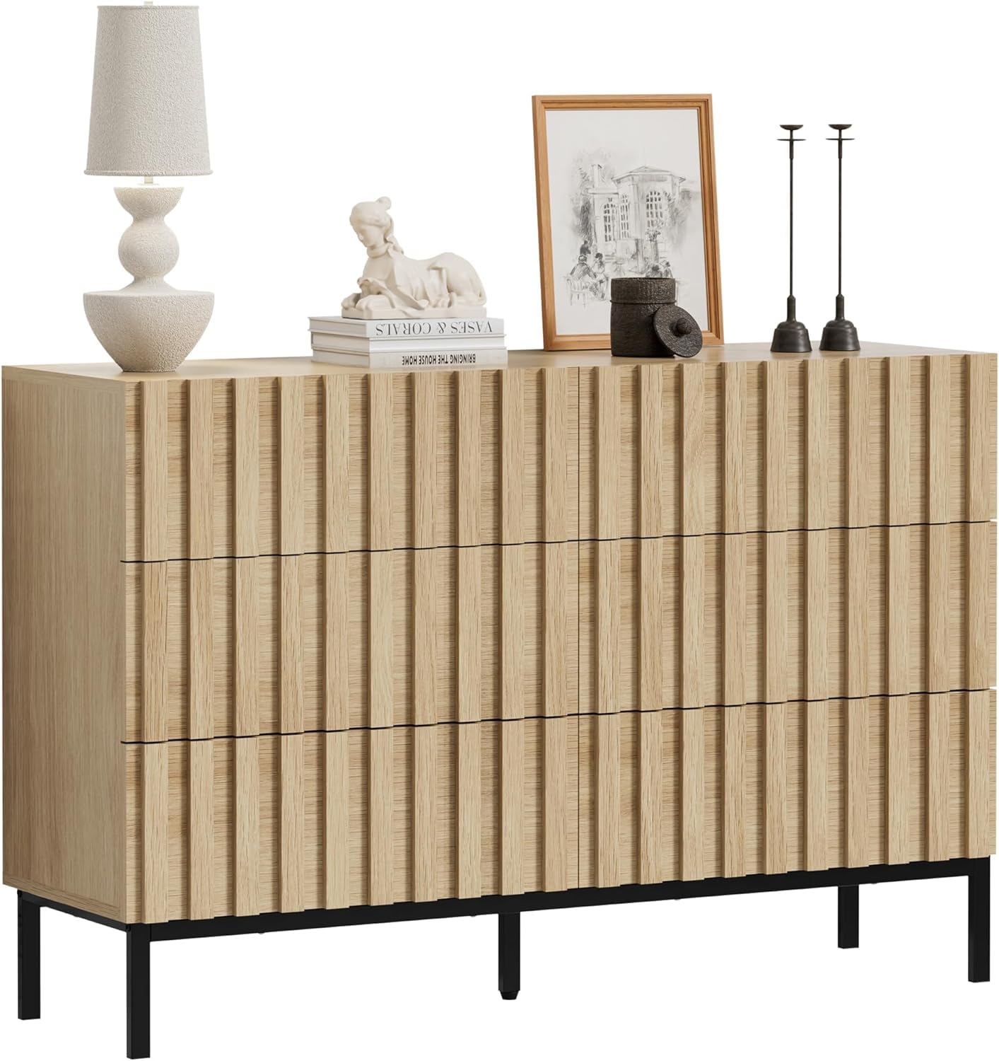 UEV Natural Wood Dresser for Bedroom,Mid Century Modern Dresser,Fluted 6 Drawer Dresser with Metal Stand,Accent Chest of Drawers for Bedroom,Living Room,Hallway