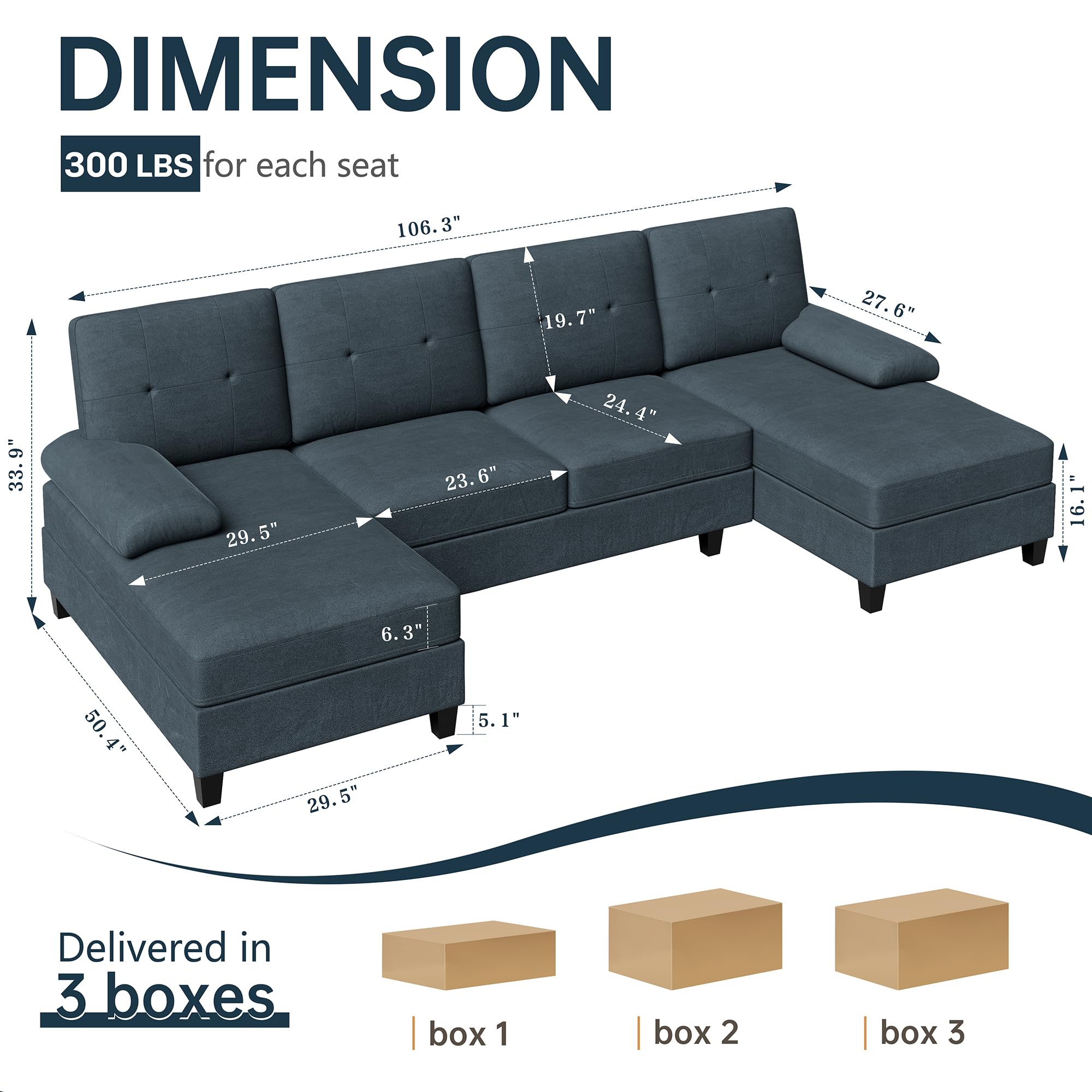 Meilocar Sectional Couches for Living Room, 4 Seat Sofa Set U-Shaped Couch with Wide Chaise, 106in Large Sofa Modern Fabric Couch with Oversized Seats (Grey)