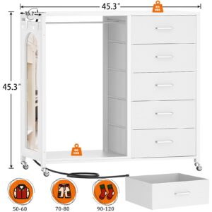 Cyclysio Dresser for Bedroom with Clothes Rack & Mirror, White 5 Drawers Dresser with Charging Station & LED Lights, Rolling Chest of Drawers with Wheels, Full Length Mirror, Wooden Top,Bedroom,Closet