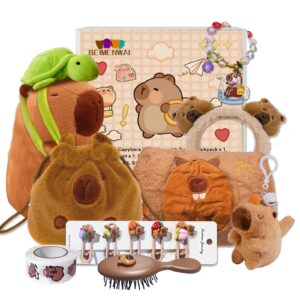 beimenwai capybara plush gifts for girls 4 5 6 7 8 9 10+ years old, kids cute capybara toys with stuffed animal/keychain/bag/bath towel/hair pins/bracelet/headband, christmas birthday plush toys set