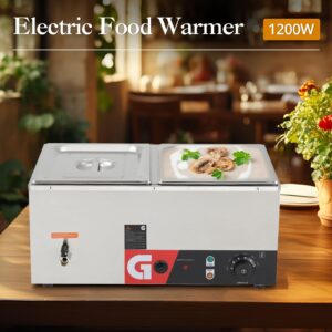 GarveeHome Commercial Food Warmer - 2 * 10.5QT Generous Capacity, 1200W Electric Steam Table, Stainless Steel, Efficient Heating, 86-185°F Temp Control for Catering and Restaurants