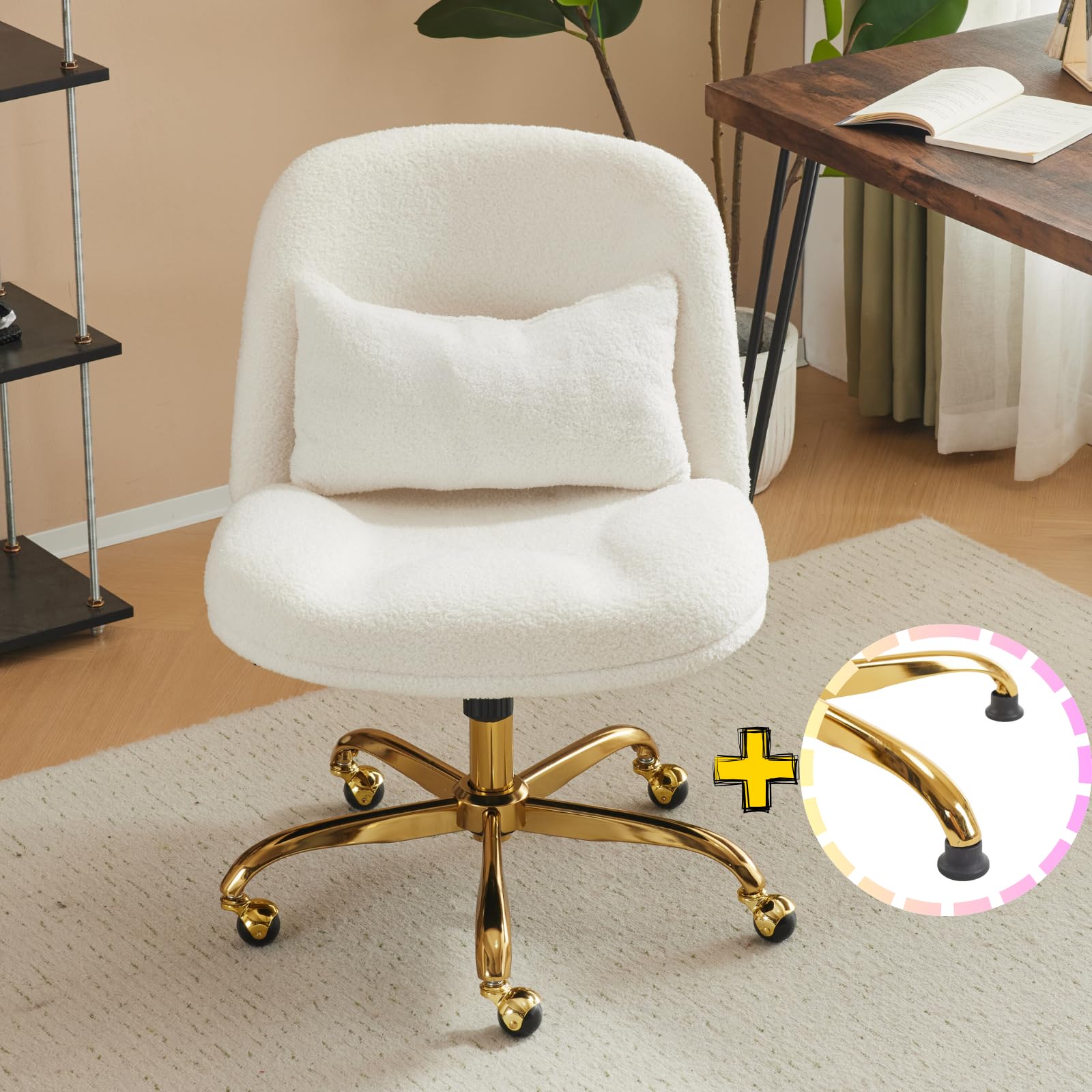 VINGLI Wide Criss Cross Legged Office Chair,Buttprint Ergonomic Desk Chair Comfy with Pillow&Gold Base,Dual-Use with/no Wheels,Adjustable Vanity Swivel Chair for Bedroom,Home Office,Teddy Fleece,White