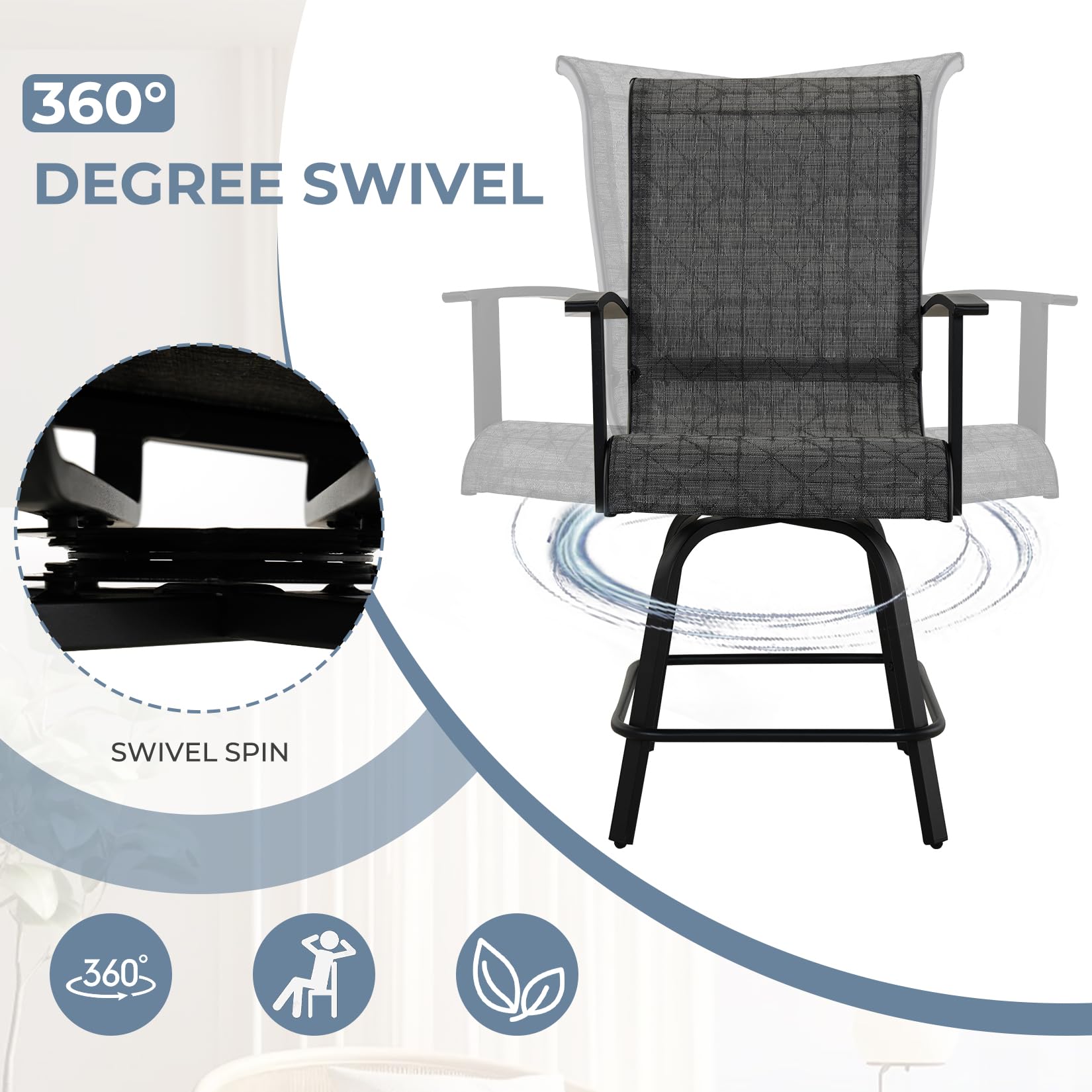 Grand patio 5-Piece Patio Swivel Bar Set with Fire Pit Table 60,000 BTU Heat Output, Outdoor Counter Height Patio Bar Stools Set of 5, High Bar Chairs with High Back, Black&Grey Plaid