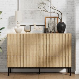 uev natural wood dresser for bedroom,mid century modern dresser,fluted 6 drawer dresser with metal stand,accent chest of drawers for bedroom,living room,hallway