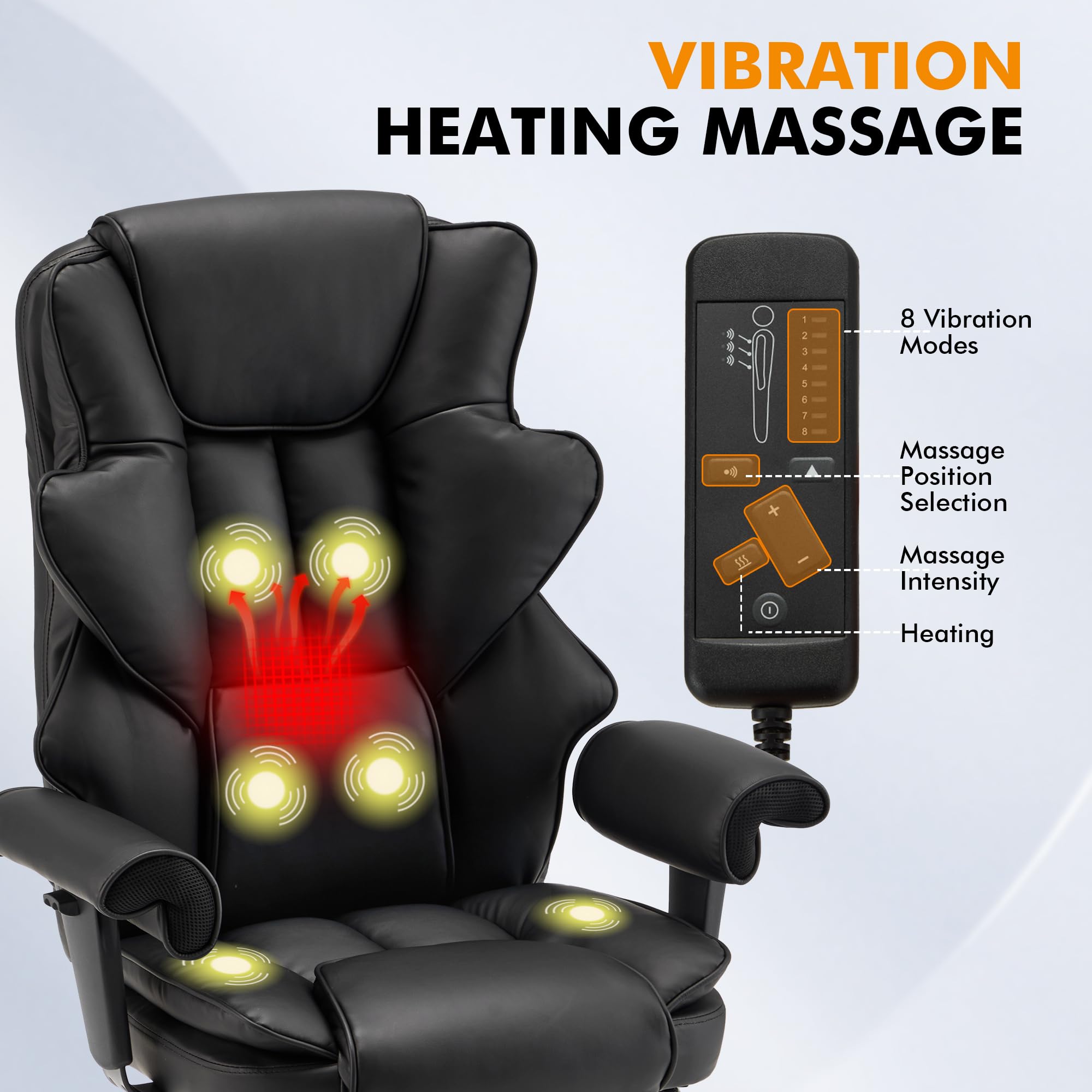 HOMREST 6-Point Massage Office Chair,Heating Executive Chair,Ergonomic Home Office Desk Chair with Retractable Footrest and Reclining Function,Leather Computer Chair with Adjustable Armrest(Black)