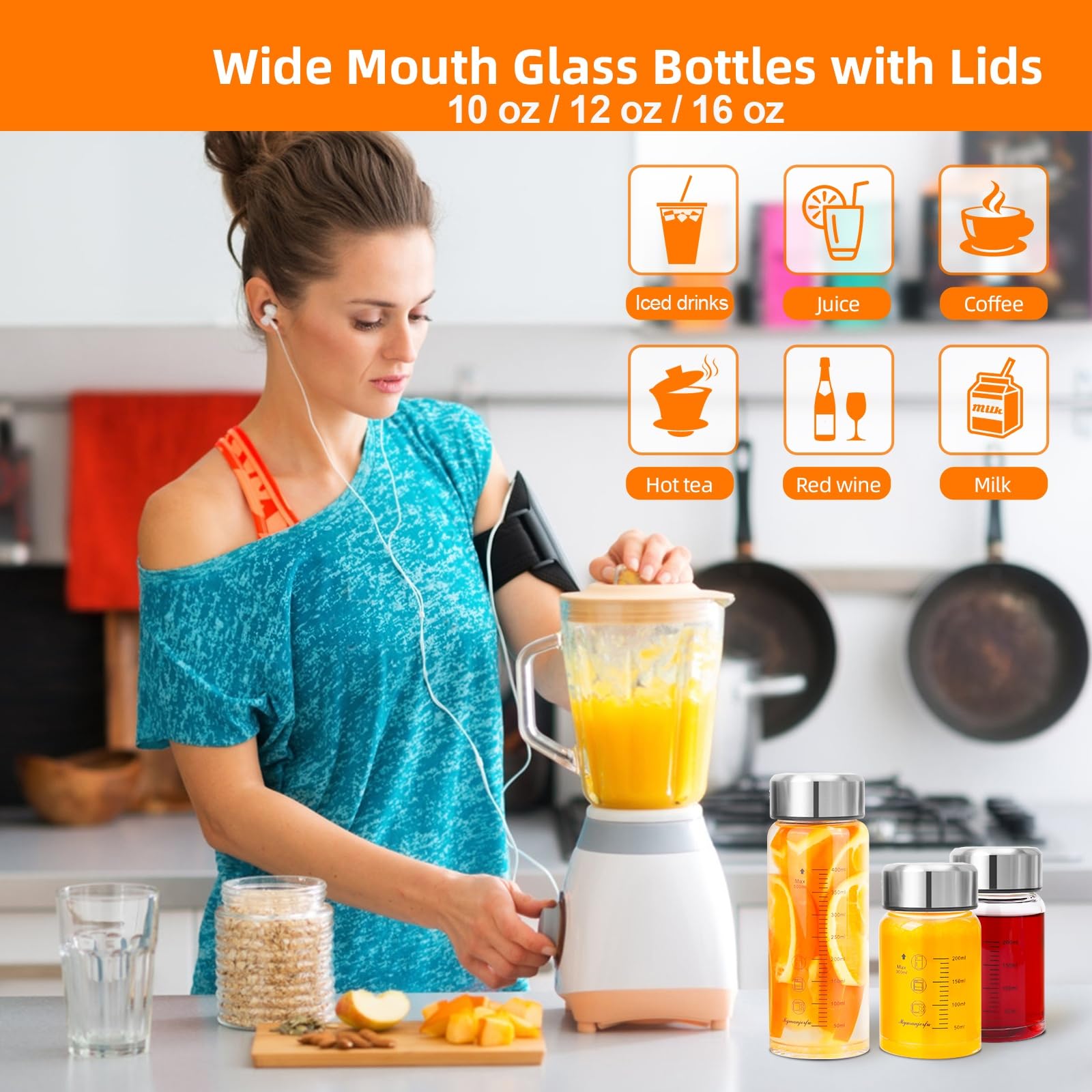 Glass Juice Bottles 12 oz - Wide Mouth Glass Water Bottles with Lids and Sleeve- for Juicing, Smoothies, Milk, Protein, Reusable, Stainless Steel Lids, Leak Proof, Shaker bottle (12oz/400ml)