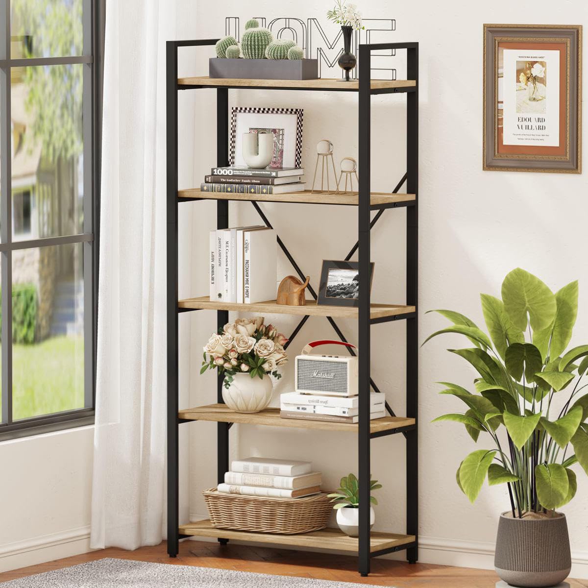 FATORRI Industrial 5 Tier Bookshelf and Shoe Cabinet for Entryway Hallway Living Room (Rustic Oak+White Oak)