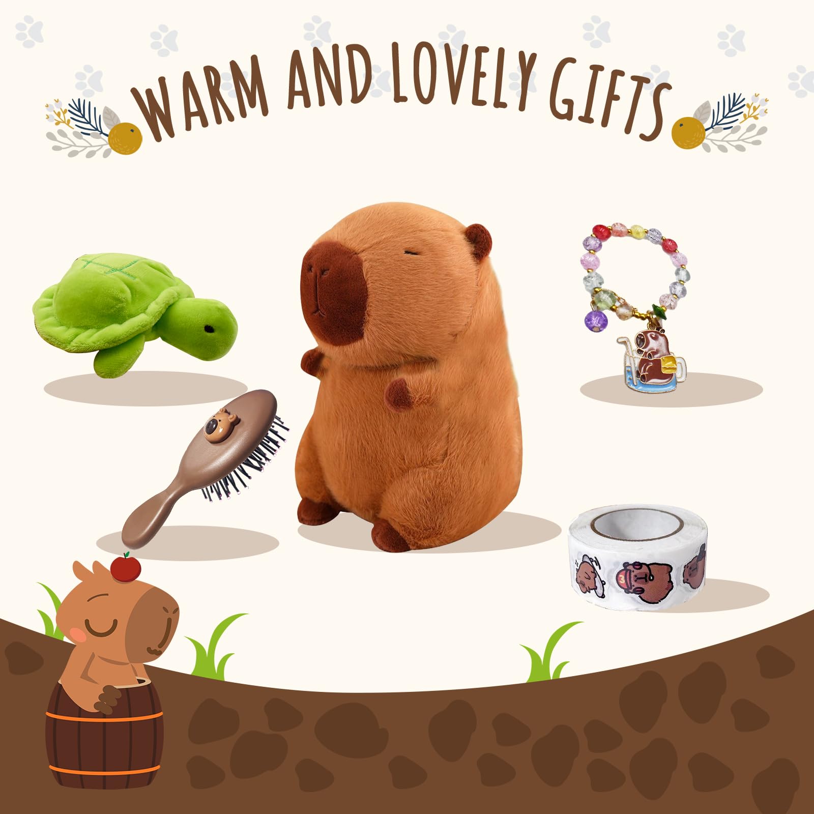 BEIMENWAI Capybara Plush Gifts for Girls 4 5 6 7 8 9 10+ Years Old, Kids Cute Capybara Toys with Stuffed Animal/Keychain/Bag/Bath Towel/Hair Pins/Bracelet/Headband, Christmas Birthday Plush Toys Set