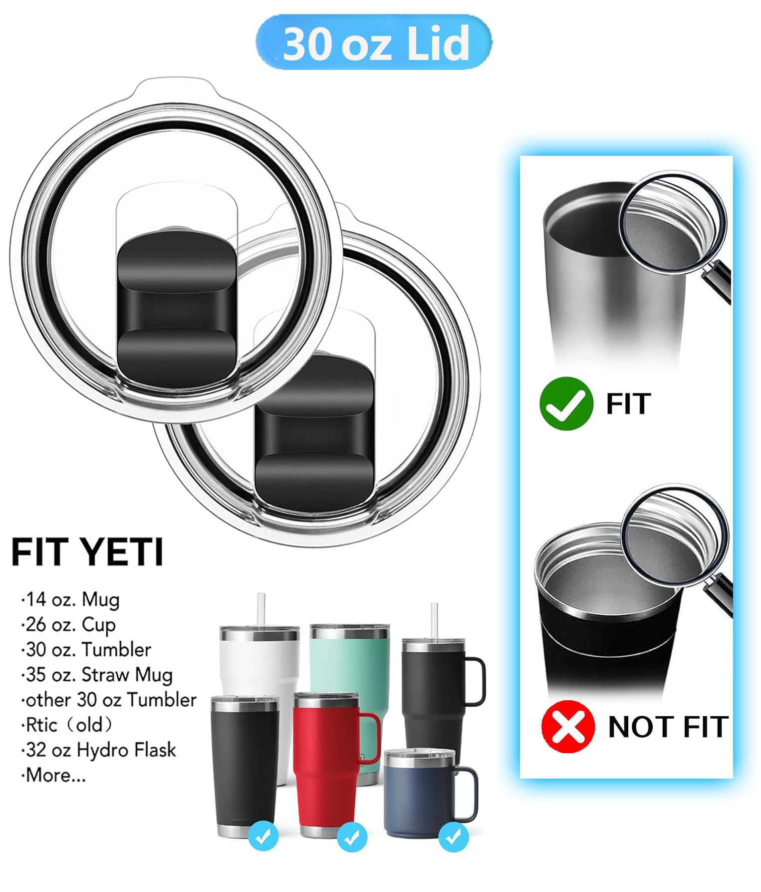 2PCS 30 oz Tumbler Lid for YETI, with 3 Black Magnetic Slider Replacement, Replacement Cup Lids Covers Compatible for YETI 30 oz Tumbler, 14 oz Mug and 35 oz Straw Mug