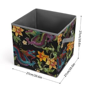 GemGam Collapsible Storage Bins for Shelves Clothes Closet Embroidered Dragons Flowers Fabric Storage Containers Box with Double Handles Decorative 11 Inch Chinese Style