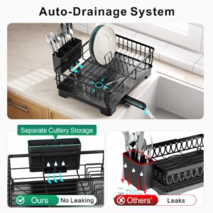 GSlife Expandable Dish Drying Rack - Large 2-in-1 Dish Racks for Kitchen Counter and Sink, Sink Dish Drainer with Drainboard, 2 Pan Slots and Utensil Holder, Black