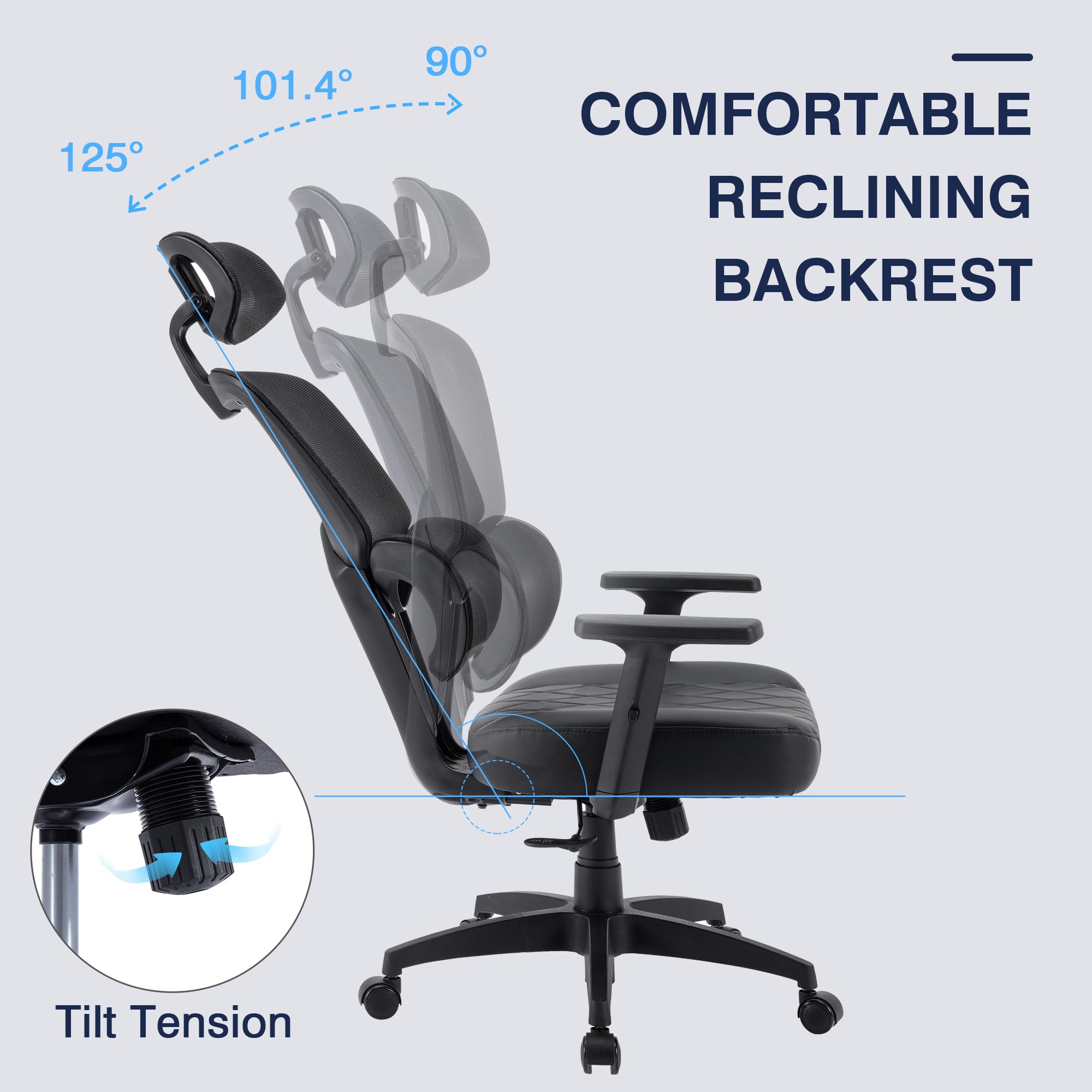 VECELO Swivel Ergonomic High Back Mesh Office Chair with Adjustable Headrest Armrest, Backrest Tilt Function, Lumbar Support for Executive/Computer Desk/Task Work