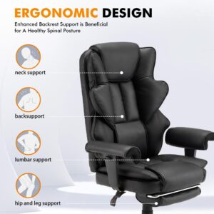 HOMREST 6-Point Massage Office Chair,Heating Executive Chair,Ergonomic Home Office Desk Chair with Retractable Footrest and Reclining Function,Leather Computer Chair with Adjustable Armrest(Black)