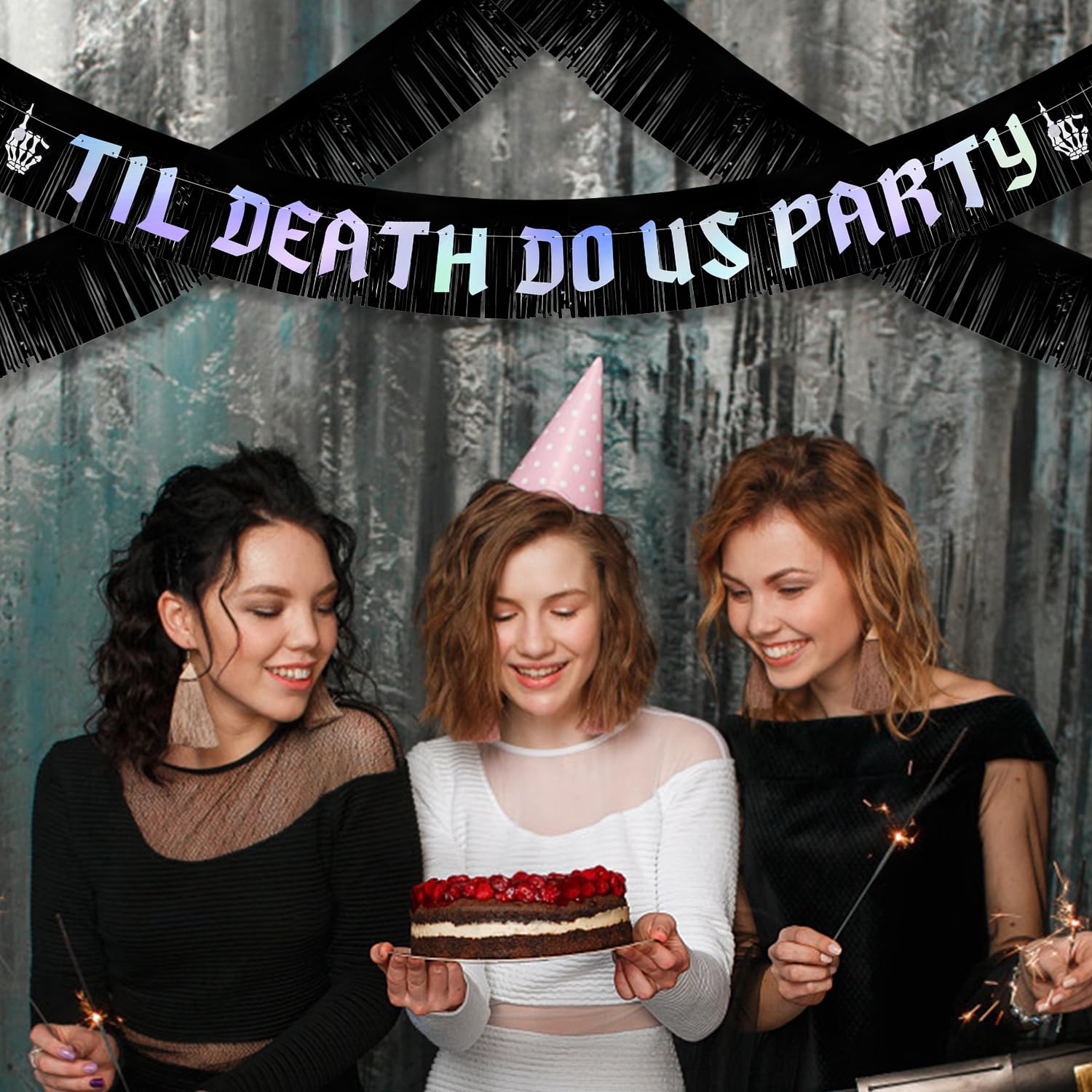 Til Death Do Us Party Banner with Fringe Garland, Halloween Banner Pre-Strung Bachelorette Party Garland Anniversary Party Decoration Sign for Bride Groom Wedding Backdrop (Black & Iridescent)