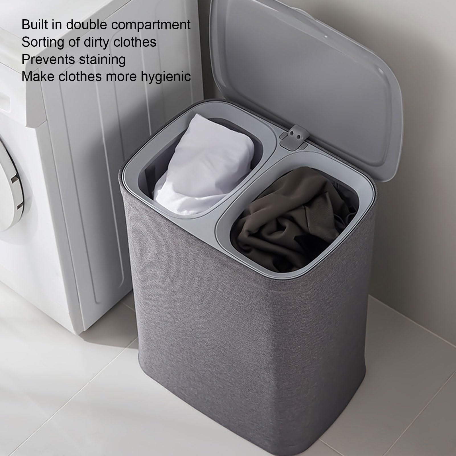 Double Compartment Laundry Hamper, Handles Detachable Bag Fabric Separation Basket, Convenient for Bathroom Utility Room (L 90L)