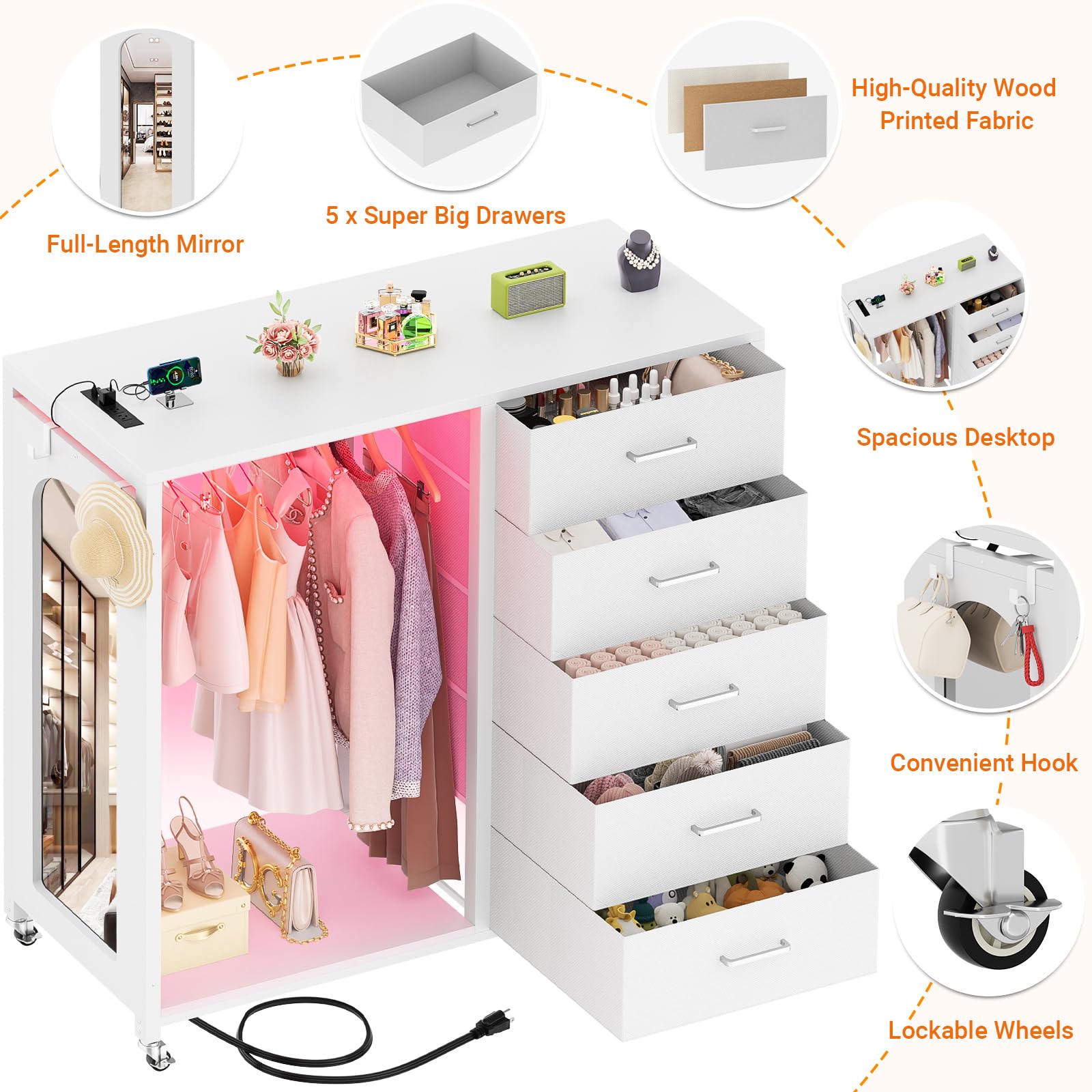 Cyclysio Dresser for Bedroom with Clothes Rack & Mirror, White 5 Drawers Dresser with Charging Station & LED Lights, Rolling Chest of Drawers with Wheels, Full Length Mirror, Wooden Top,Bedroom,Closet