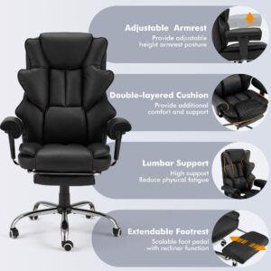 HOMREST 6-Point Massage Office Chair,Heating Executive Chair,Ergonomic Home Office Desk Chair with Retractable Footrest and Reclining Function,Leather Computer Chair with Adjustable Armrest(Black)