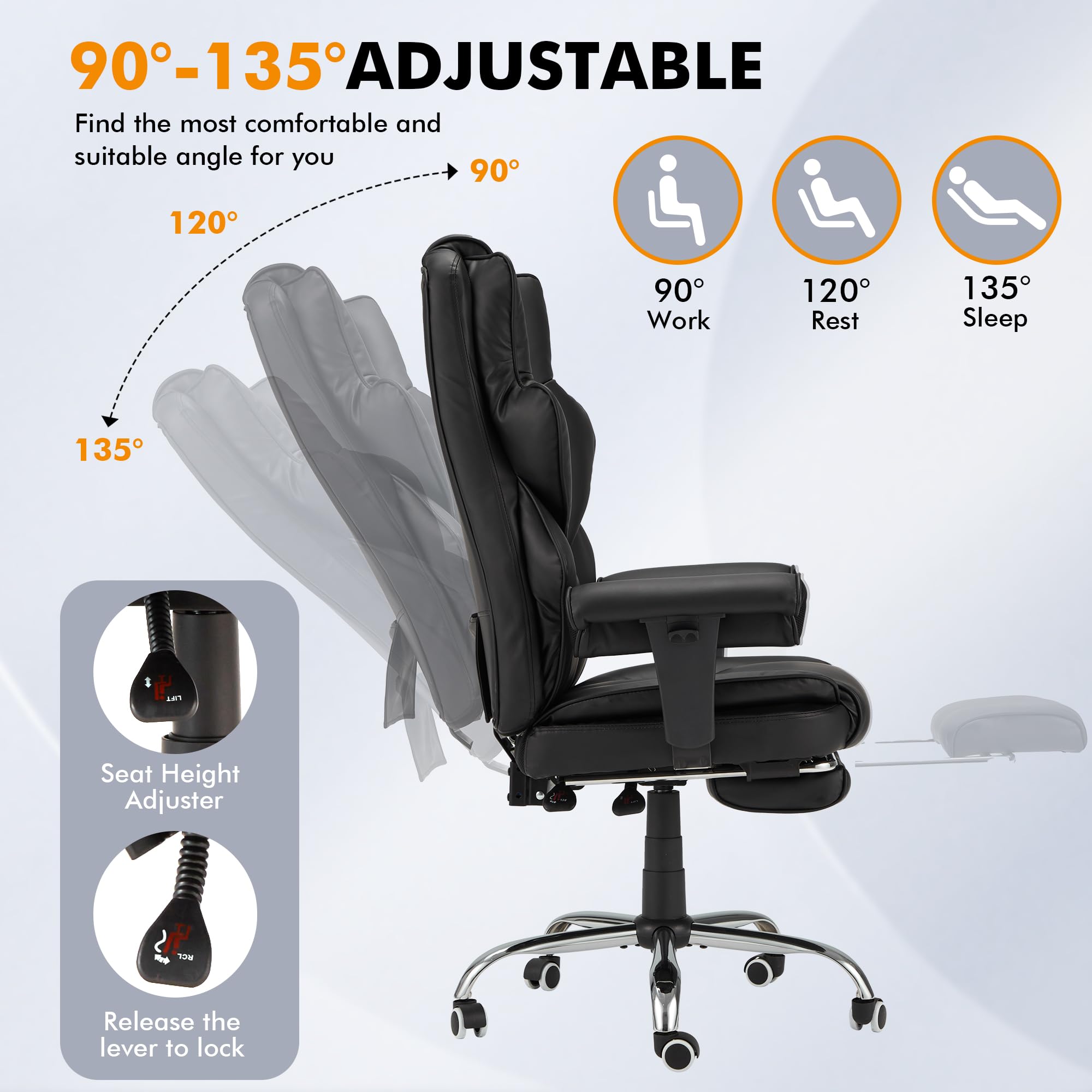 HOMREST 6-Point Massage Office Chair,Heating Executive Chair,Ergonomic Home Office Desk Chair with Retractable Footrest and Reclining Function,Leather Computer Chair with Adjustable Armrest(Black)