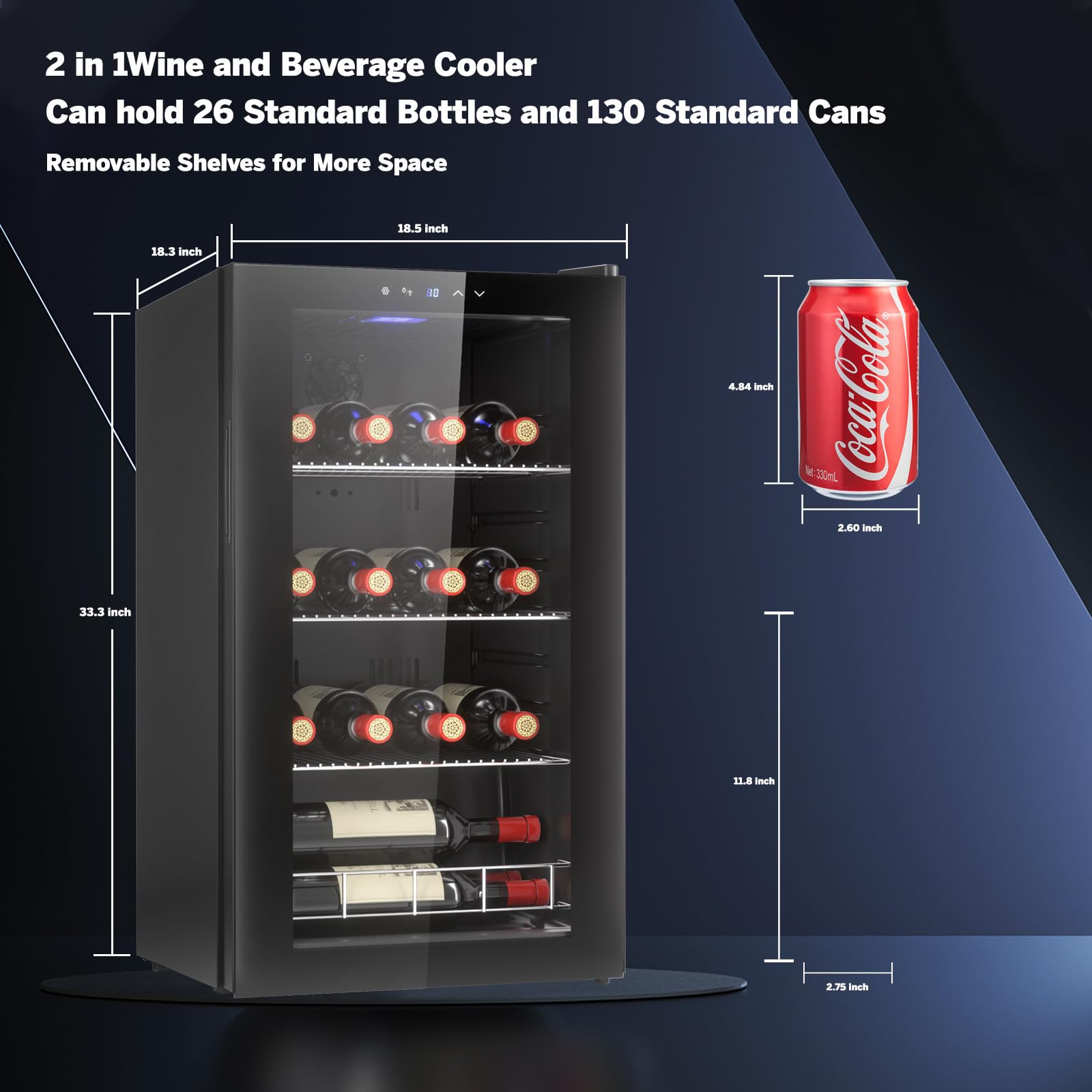 26 Bottles and 130 Cans Wine Cooler Cabinet & Beverage Refrigerator - Independent or Embedded Wine Cellar with Transparent Glass Door Design and Silent Compressor for Temperature Adjustment