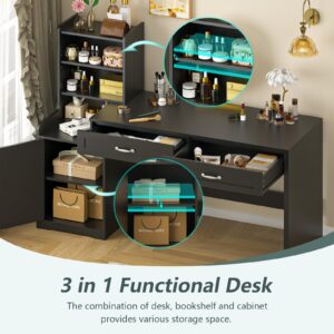 YOMILUVE 60" Computer Desk with 2 Drawer & Bookshelves, Home Office Desk with Storage Cabinet & Spacious Desktop, Writing Gaming Study Table with Bookcase, Black