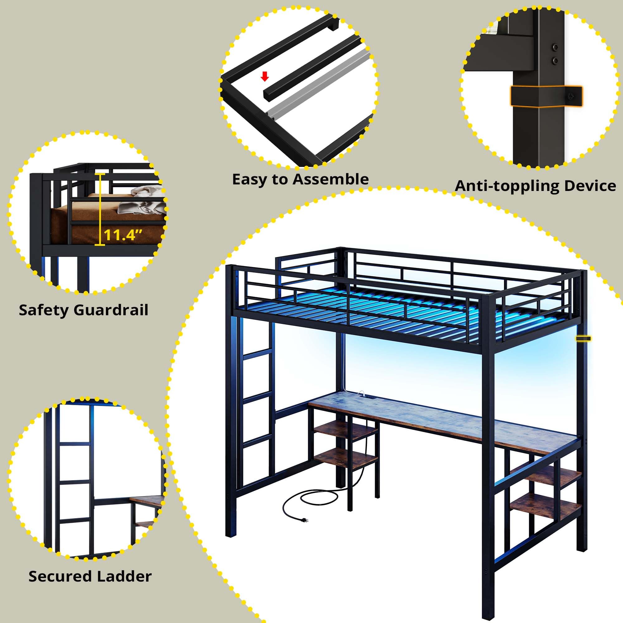 ANCTOR Loft Bed Twin Size with Desk and 4 Storage Shelves, Metal Loft Bed Frame with Power Outlet and LED Lighted, Safety Guard & Ladder, Space-Saving, Noise Free, Black