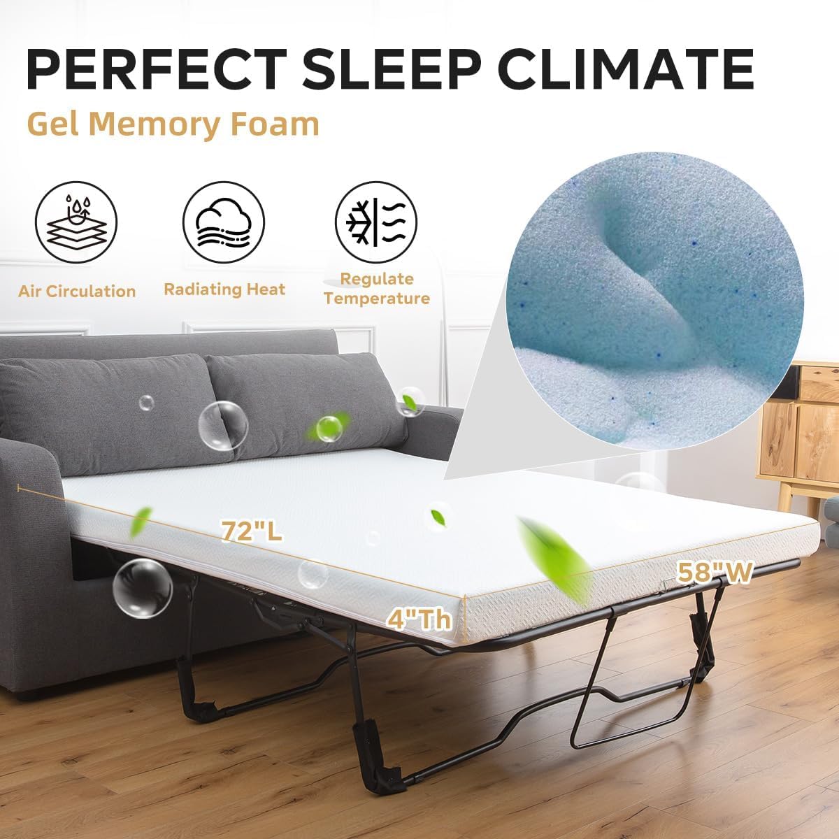 Tripie 4 Inch Gel Memory Foam Mattress Replacement for Sleeper Sofa and Couch Beds, Fiberglass-Free and Washable Cover, Non-Slip Base, Full Size (Sofa Not Included)