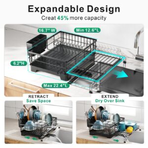 GSlife Expandable Dish Drying Rack - Large 2-in-1 Dish Racks for Kitchen Counter and Sink, Sink Dish Drainer with Drainboard, 2 Pan Slots and Utensil Holder, Black