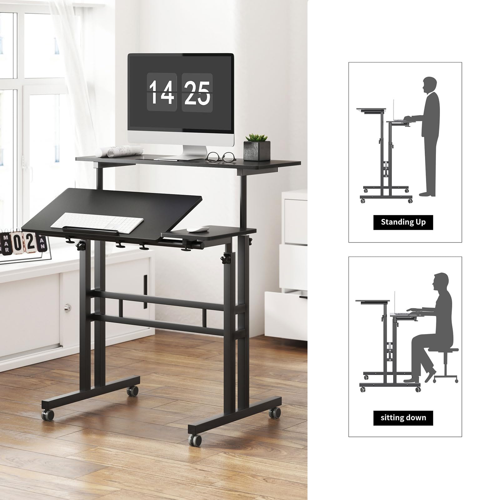 sogesfurniture Standing Desk,Laptop Workstation on Wheels, Adjustable Computer Desk for Standing or Sitting, Black