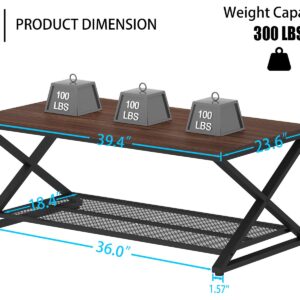 LVB Walnut Coffee Table with Storage, Metal Wood Rectangle Living Room Table, Industrial 2 Tier Center Table with Mesh Shelf, Vintage Wooden Middle Concrete Tables for Office Bedroom, 39 inch, Walnut